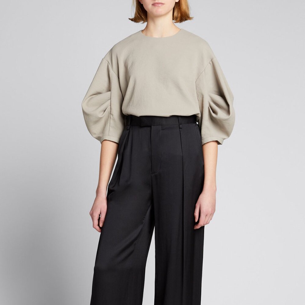 Tibi chalky drape pleat sleeve top in mink grey, size 12